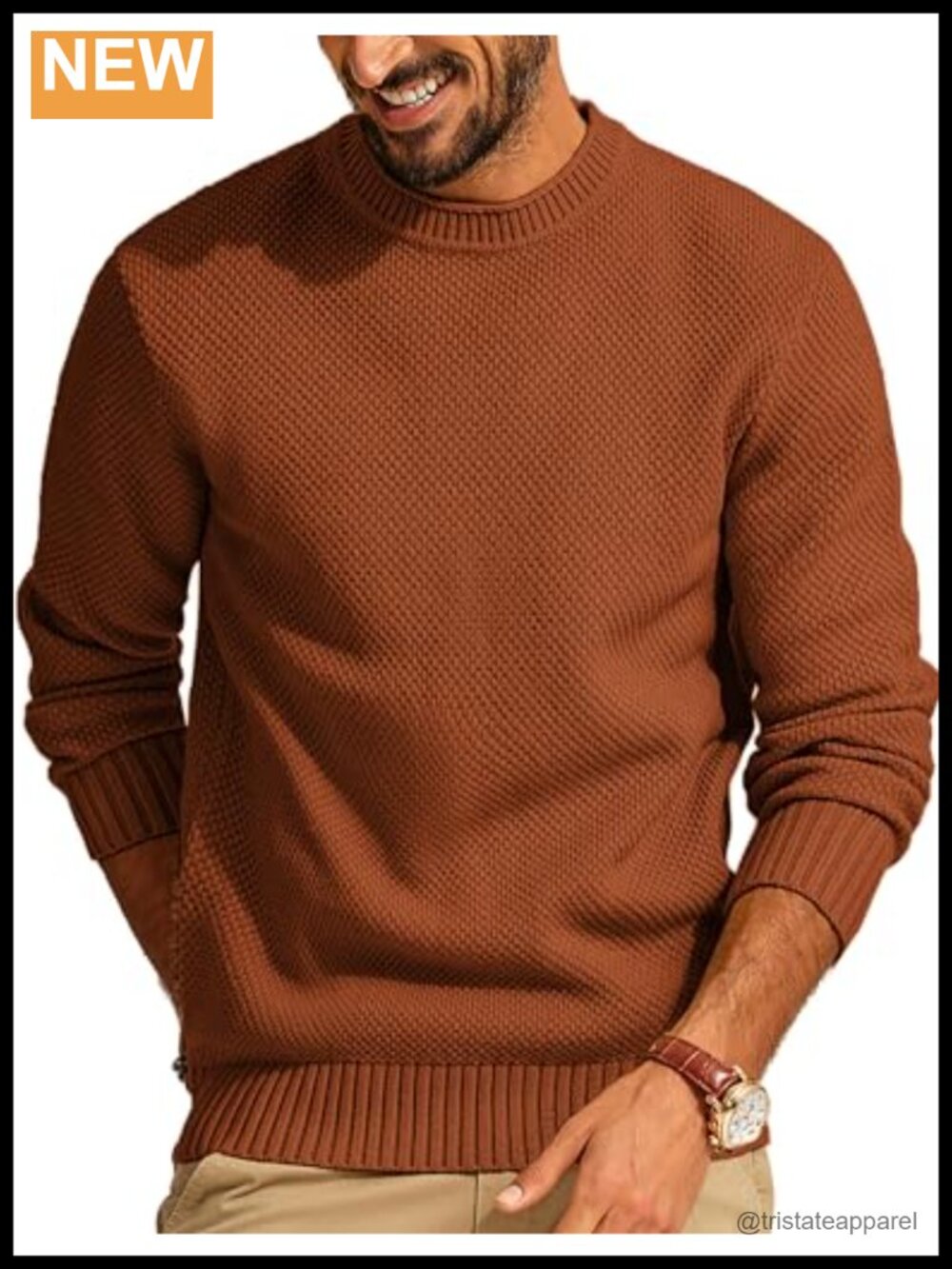 Waffle Knit Crewneck Sweater Long Sleeve Pullover Textured Acrylic Blend